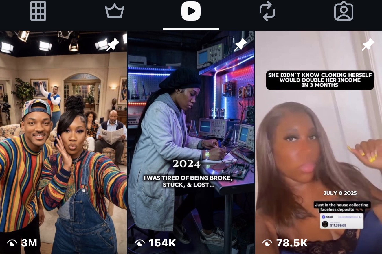 Instagram reels grid showing 3M, 154K, and 78.5K view counts